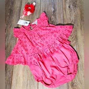 Ralph Lauren baby girl's hot pink eyelet, ruffle sunsuit, romper Sz. 3 months